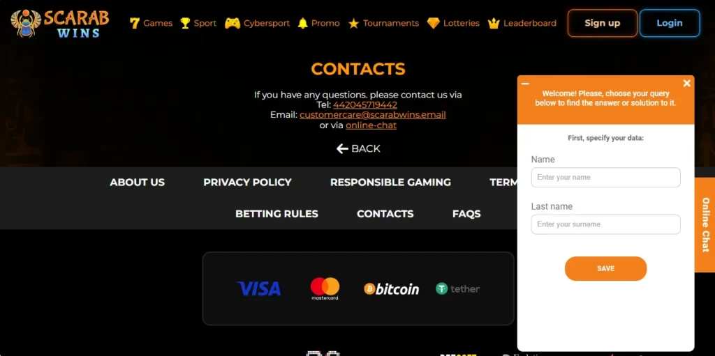 Customer support at Scarab Wins Casino